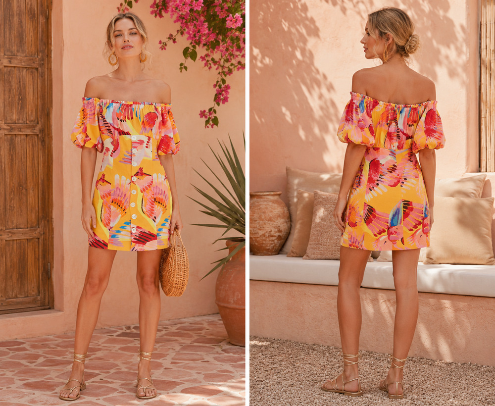 Farm Rio Off-Shoulder Tropical Print Mini Dress Vibrant Sunset Motif Macaw Sz-M